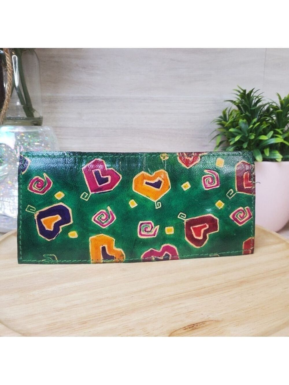 Vintage Made In India Painted Leather Long Wallet Card Holder Hearts Green
